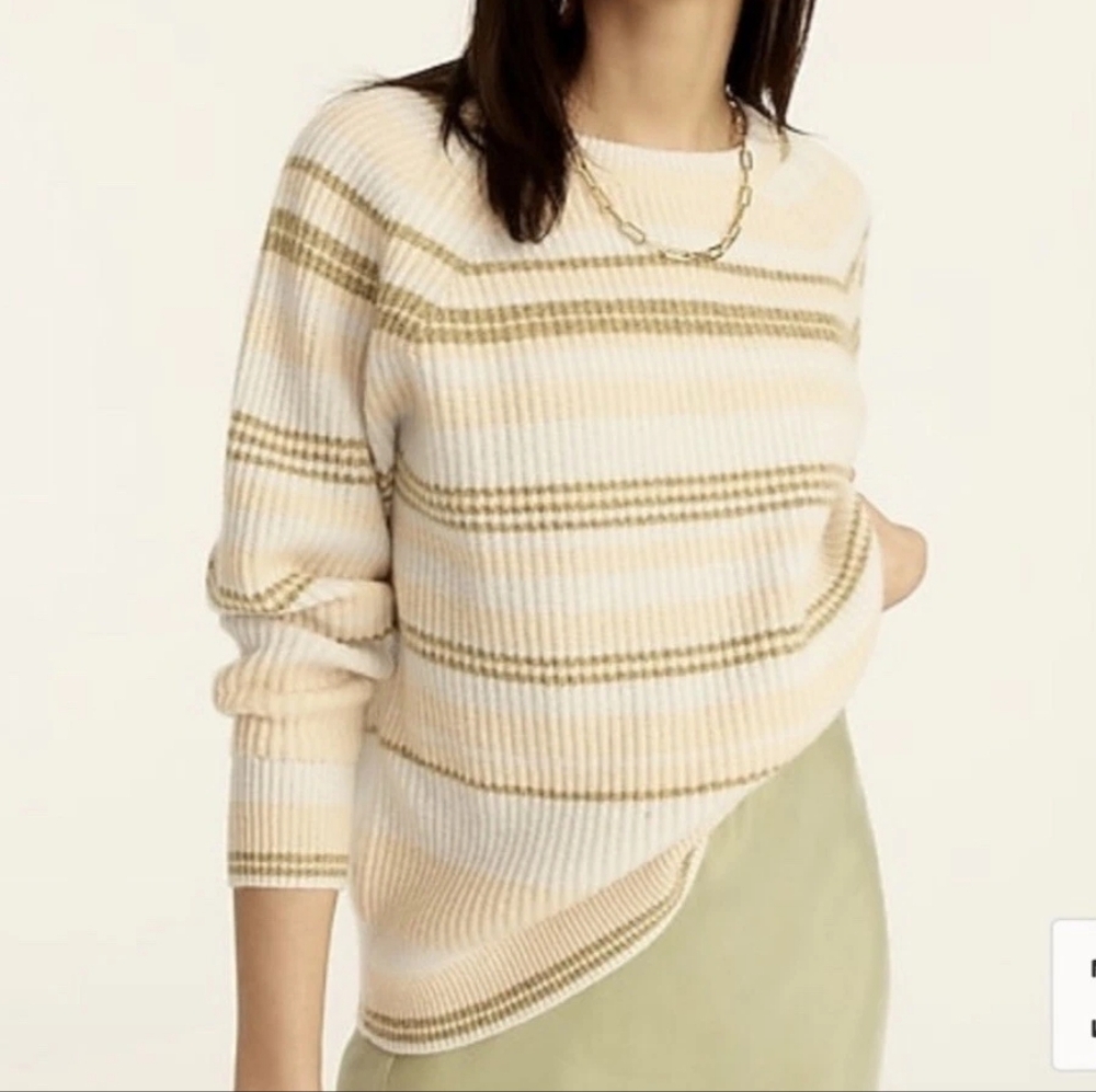 J. Crew 100% Cashmere ribbed crewneck Sweater stripe Pearl Oyster Ash Size M